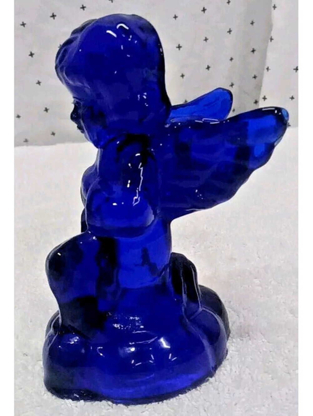 Cherub Cobalt Blue Glass Sitting Kneeling Angel Figurine Taper Candle Holder 4.5